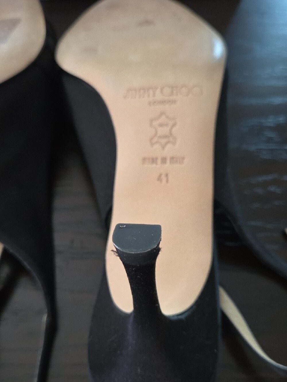 Jimmy Choo Black Satin Pointed Toe Slingback Heels with Crystal Accent - Picture 6 of 7